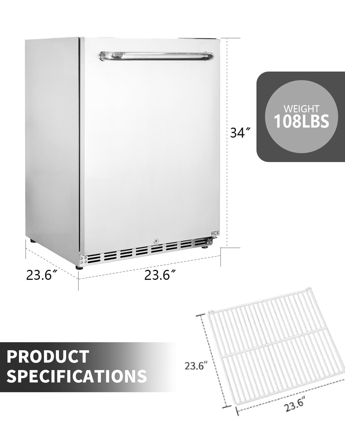 HCK Outdoor Refrigerator 24 Inch, Undercounter Refrigerators with Stainless Steel Door, 161 Can Beverage Fridge for Home Bar, Kitchen, Patio, Outdoor, Commercial Use