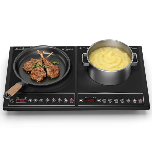 VoltCuisine 24 Inch Double Induction Cooktop, Button Control, 1800W Power Sharing, Low Power Continuous Heating, Portable Countertop Electric Cooker
