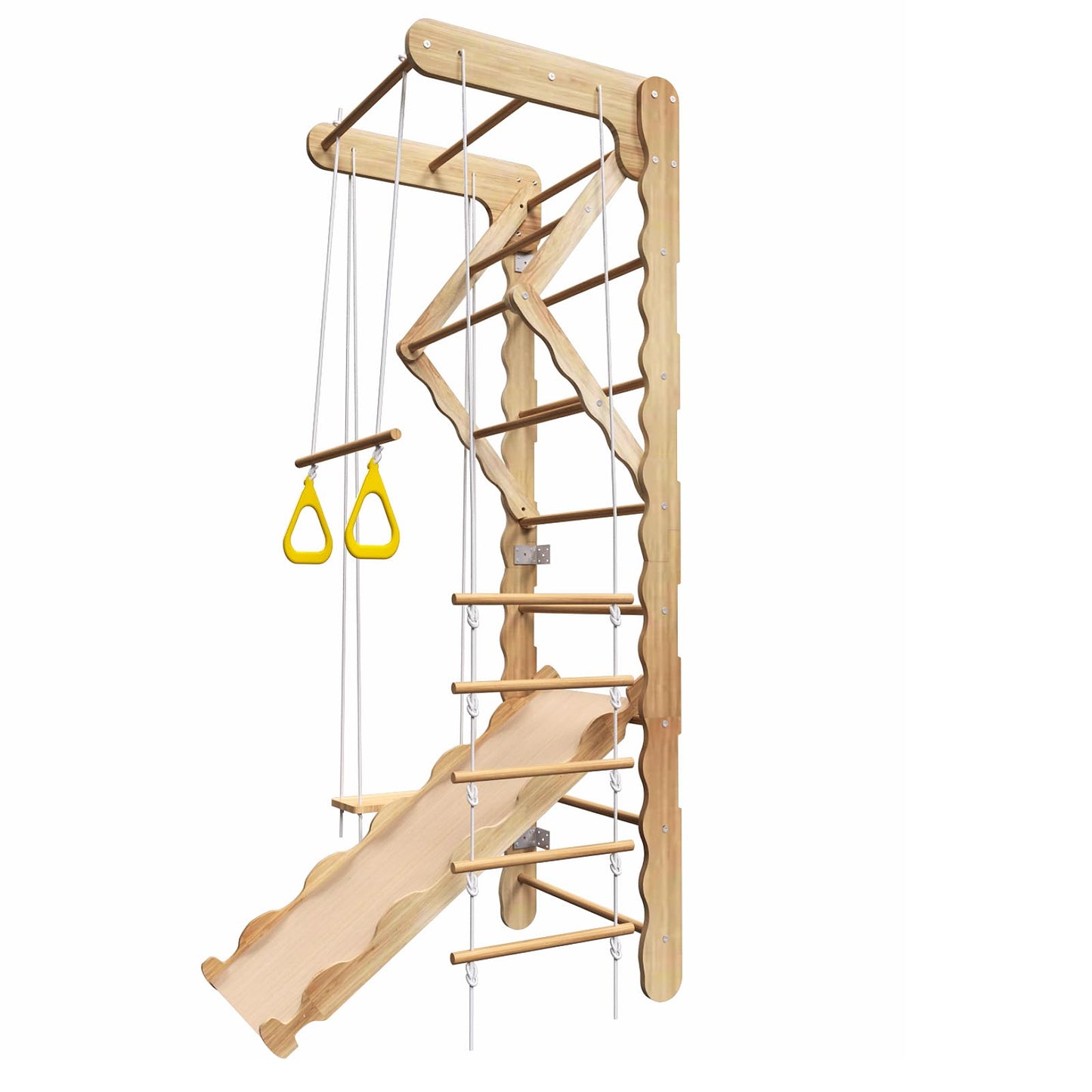 Mulinsonfly 5-in-1 Wooden Indoor Jungle Gym for Kids, Wall-Mounted Swedish Ladder with Pull-Up Bar, Rings, Swing, and Slide – Montessori-Inspired Kids Playset for Fun & Development, Ages 3-8