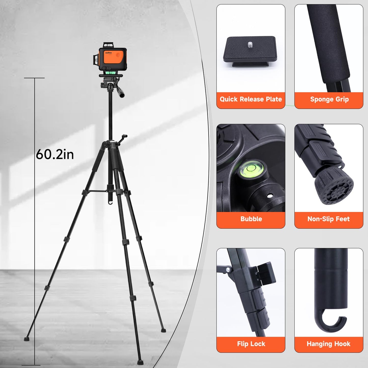 DOVOH 4D Laser Level with Tripod : Dual Batteries Laser Level 360 Self Leveling Green Hard Toolbox for Construction Floor Tiling Ceiling, Class Ⅱ, Y4-360G-KIT