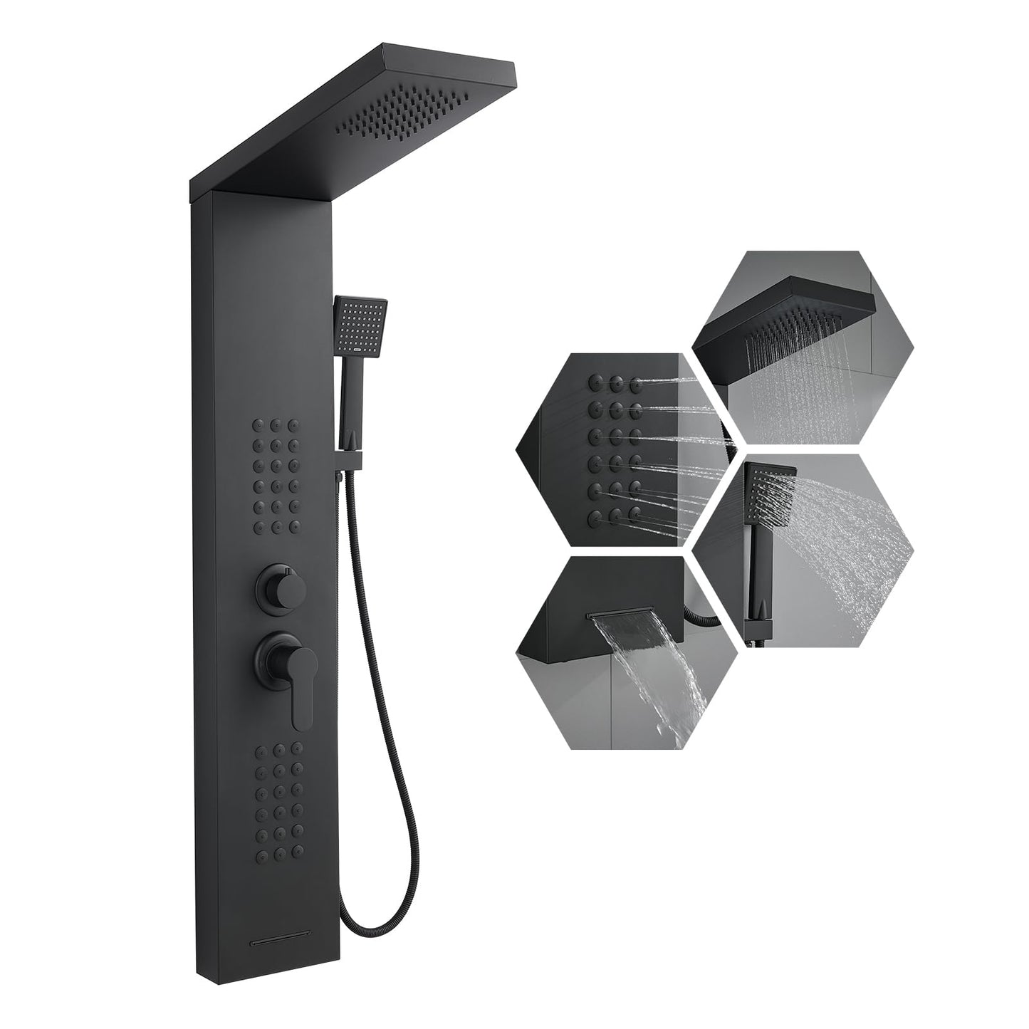 KINKIB Shower Panel Tower System with Rainfall Shower Head, Powerful Body Jets, Matte Black Shower Tower with Handheld Shower and Tub Spout, Stainless Steel Shower Column High Pressure