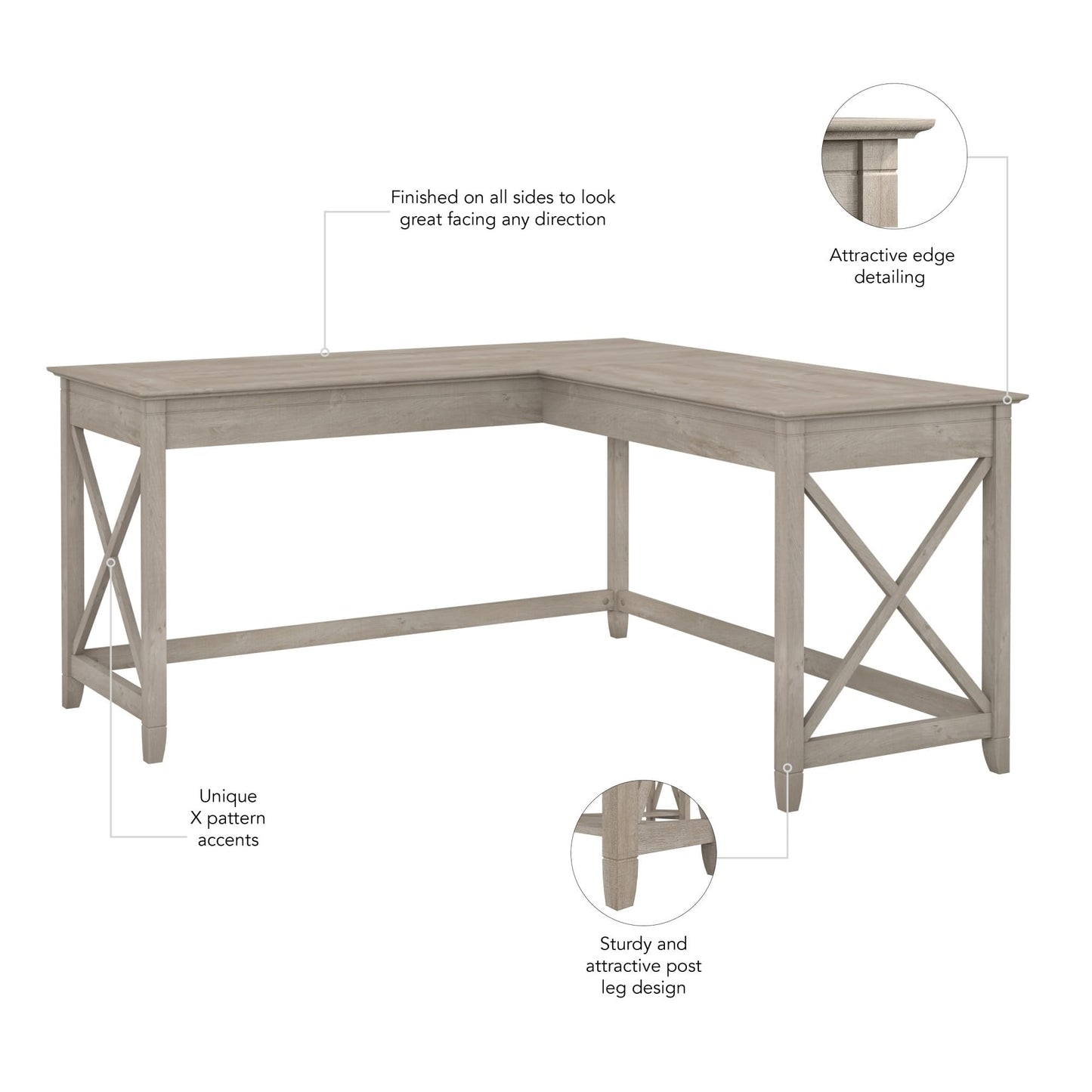 Bush Home Key West 60W Modern Farmhouse L Shaped Desk in Washed Gray, 60-Inch Corner Computer Table for Home Office Workspace