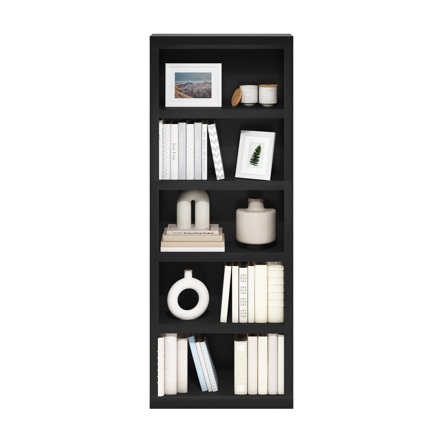 Furinno Rail Book Shelf, 5-Tier Bookshelf, Bookcase with Open Shelf, 10.1 x 24.6 x 63.5, for Living Room, Bedroom, Home Office, Blackwood