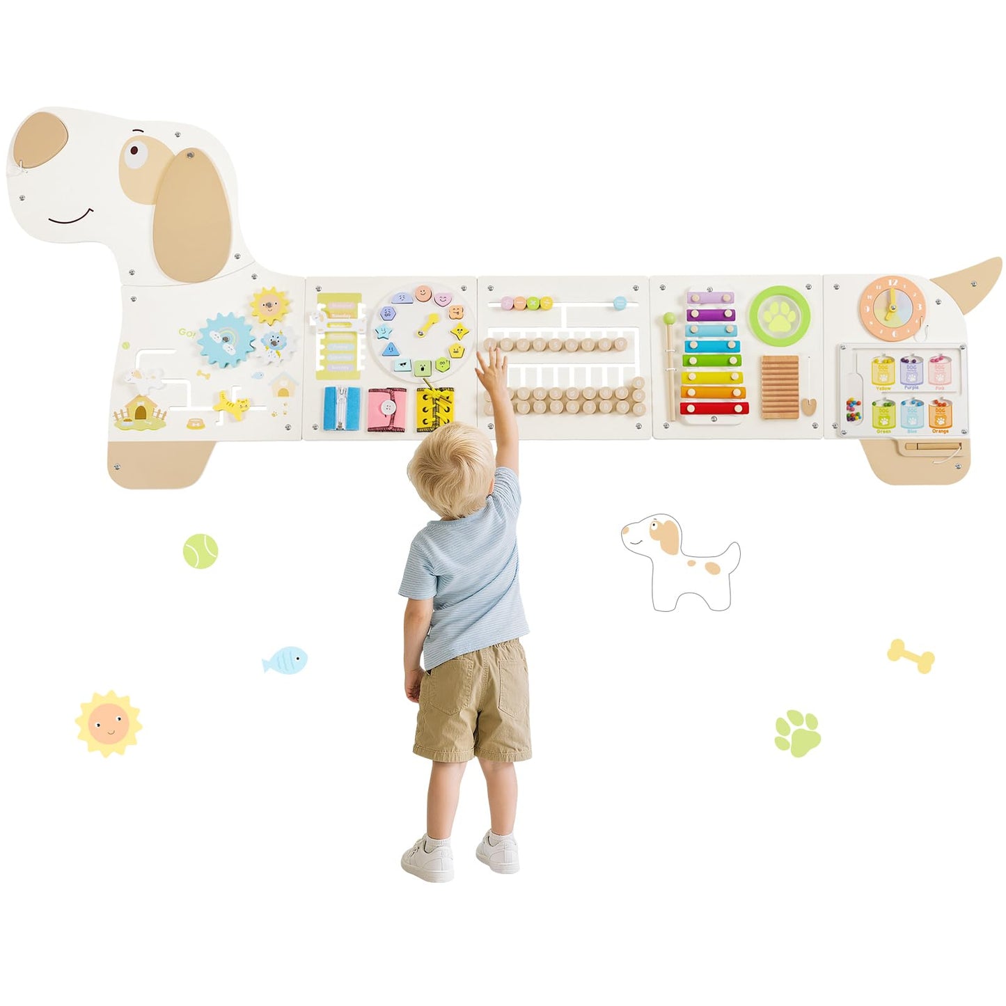 PIIKAGO Wooden Dog Wall Busy Board Panels, Sensory Wall Activity Board for Toddlers 1-3, Montessori Learning Activity Center, Educational Toys for Kids Room, Preschool & Daycare