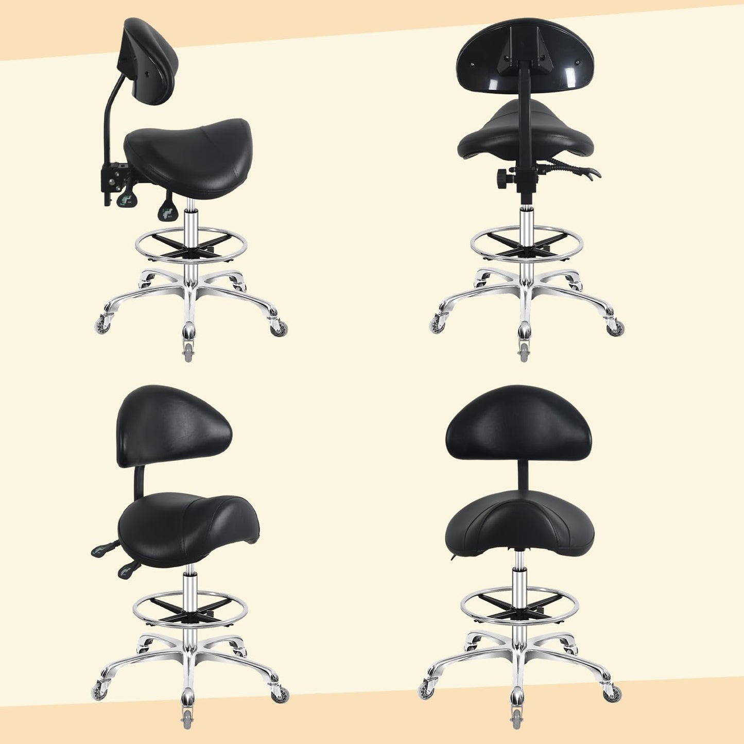 Nazalus Saddle Stool Chair with Back Support Footrest, Heavy-Duty(350LBS), Hydraulic Rolling Swivel Adjustable Stool Chair for Salon Spa Beauty Massage Dental Clinic Home Office Use(Black)