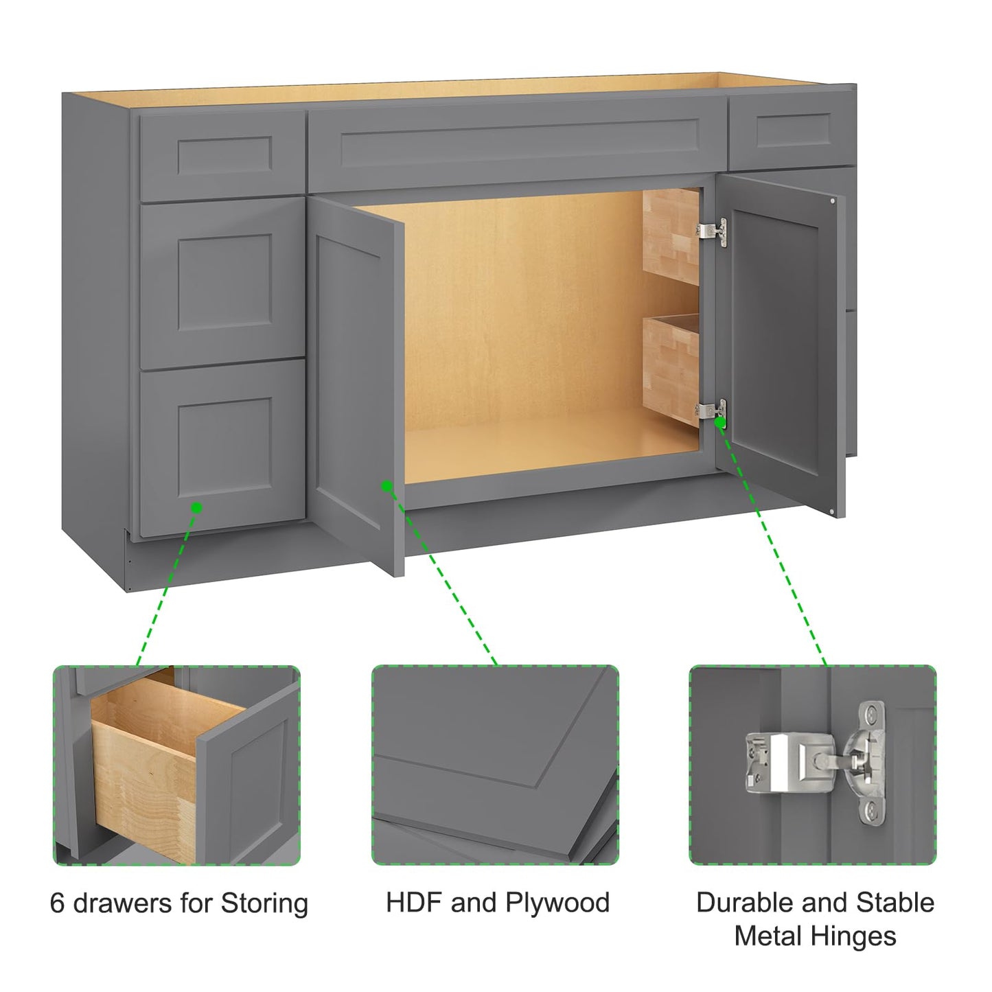 ROOMTEC 60" Assembled Bathroom Vanity Double Drawer Base Cabinet with Soft-Close Door & 6 Drawers, Large Capacity Single Sink for Laundry, Kitchen, Shower & Utility Rooms