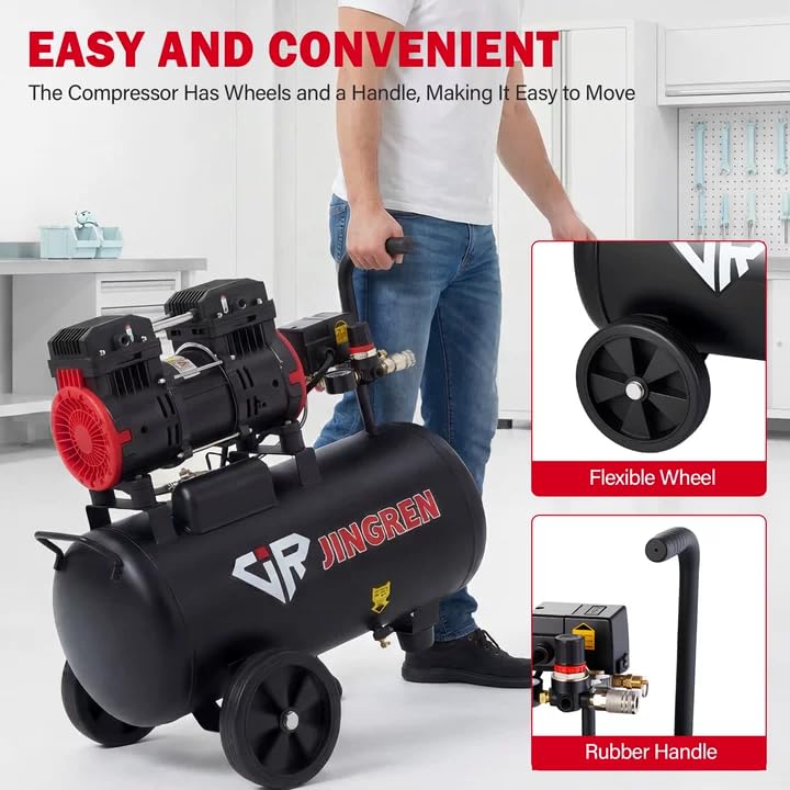 JIR JINGREN 8 Gallon Ultra Quiet Air Compressor, 2HP 4.2CFM, Max 120 PSI Oil-Free Air Compressor Tank, 120V/11A, 68dB for Car Repair, Spray Painting, Woodwork Nailing（With Accessories Kit）
