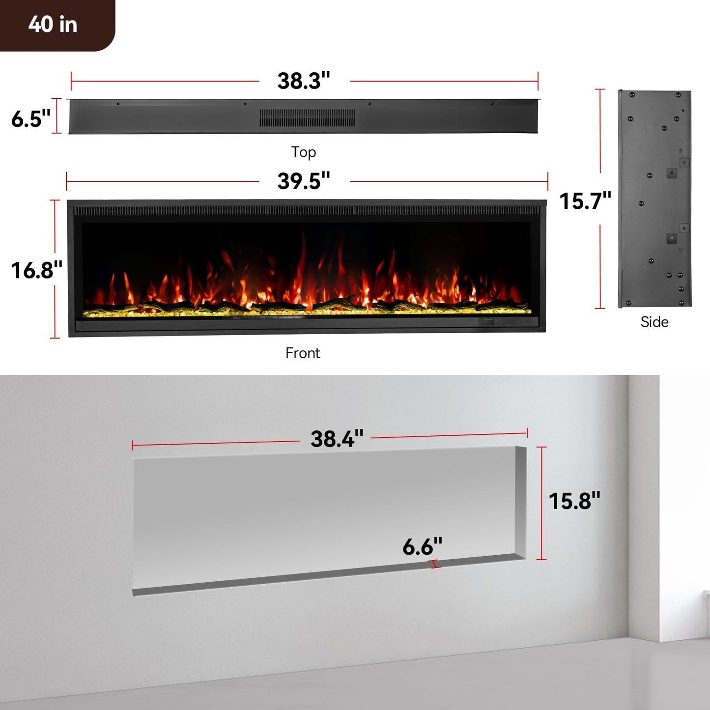 40" Linear Electric Fireplace Heater Insert: Ultra-Narrow Frame Wide Screen, 13 Flame & Ember Colors, 3 Top Light Colors. Wall Mount/Recessed,1500W/750W with Remote & Touch Control, Log & Crystal Set