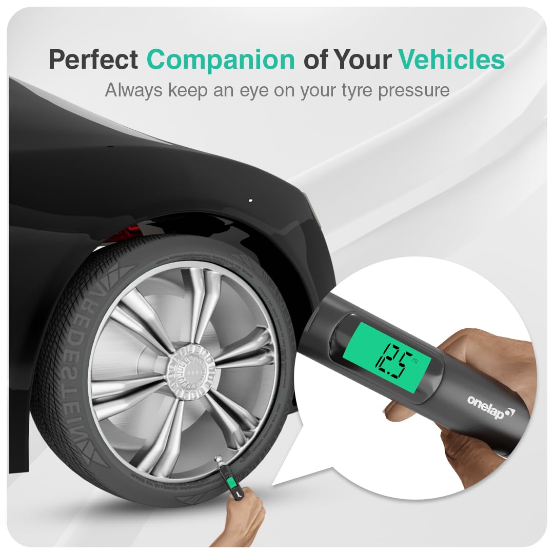Onelap TyreChek™ - Digital Tire Pressure Gauge (Metallic Head) | 0-150 PSI | Suitable for Car, Truck, Bike, Bicycle with Backlight LCD