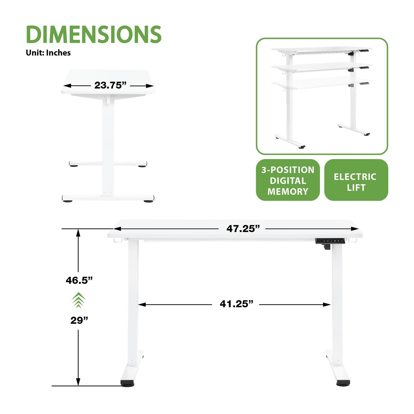 OSP Home Furnishings Primo Sit-to-Stand Electric Height Adjustable Office Desk with Hook, White, 4 Feet Wide