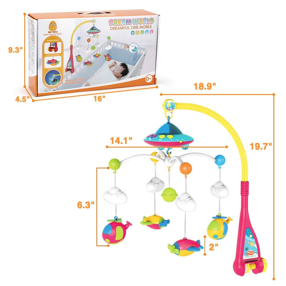 Mini Tudou Musical Baby Crib Mobile Toy with Lights and Music, Star Projector Function and Cartoon Rattles, Remote Control Musical Box with 108 Melodies, Toy for Newborn Sleep