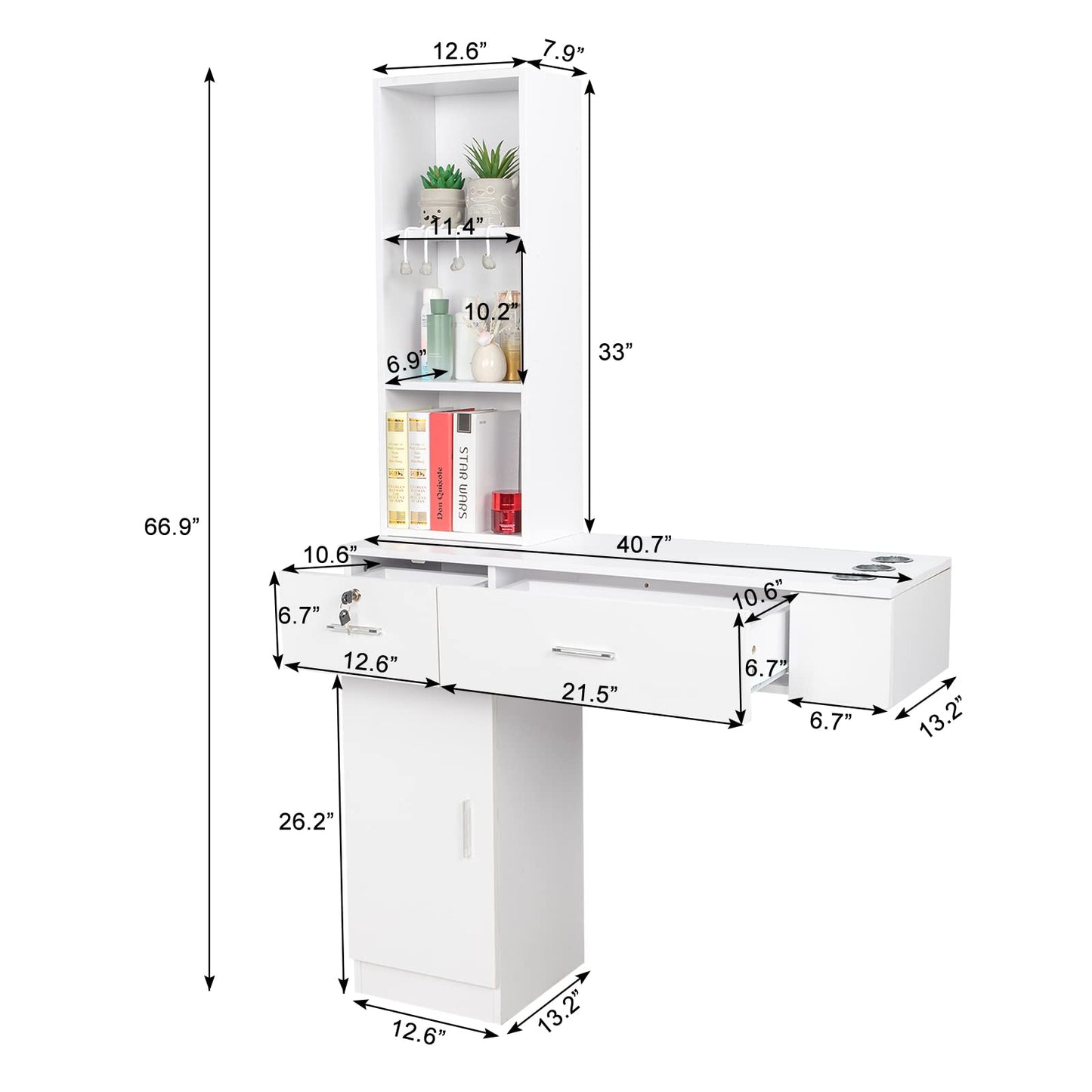 OmySalon Wall Mount Barber Stations, Salon Stations for Hair Stylist, Hair Styling Equipement Set with a Storage Cabinet, 2 Drawers and a 3 Tier Shelf (White)