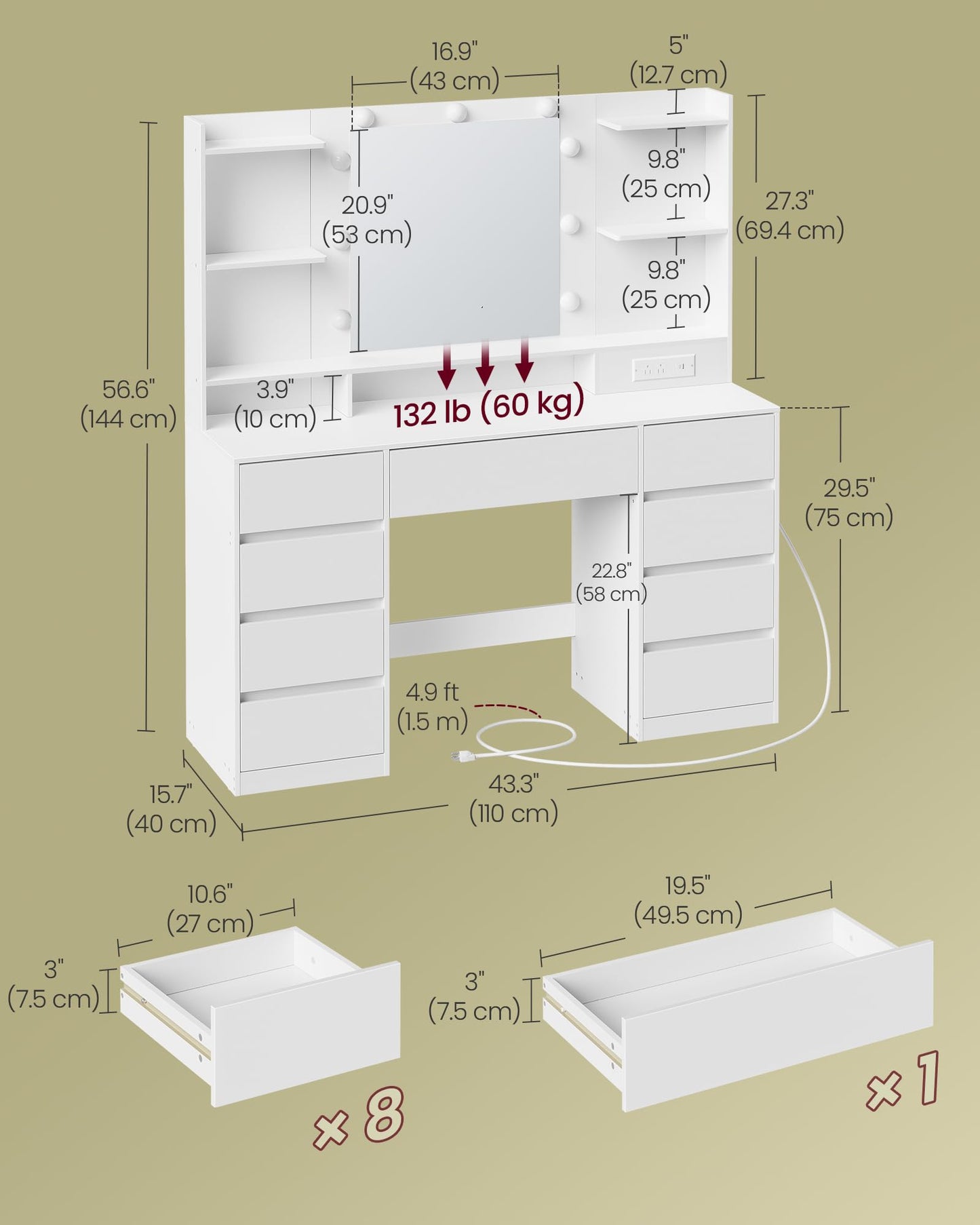 VASAGLE Kailyn Collection - Vanity Desk with Mirror and 9 LED Bulbs, Vanity Makeup Table with Power Outlets, Dressing Table with 9 Drawers, for Bedroom, Cloud White URDT141WB01S