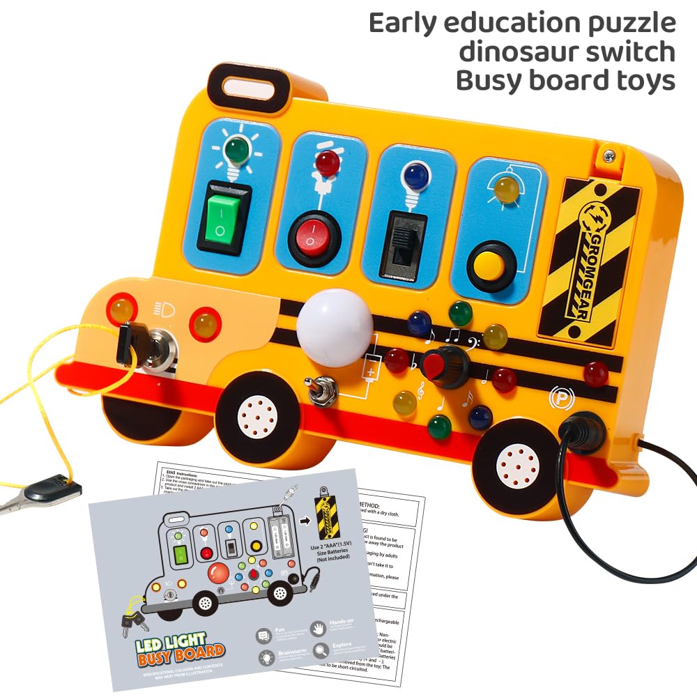 Montessori Board Sensory Toys for Children with LED Light switches, School Bus Shape，Baby fidgeting Board Travel Toys for More Than 18 Months, 18M+Boys and Girls Toddler Toys Gifts,Switch Toy