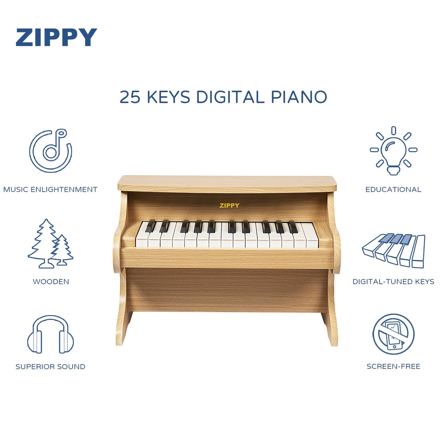 ZIPPY Kids Piano Keyboard, 25 Keys Digital Piano for Kids, Mini Music Educational Instrument Toy, Wood Toy for Toddlers Girls Boys (Oak)
