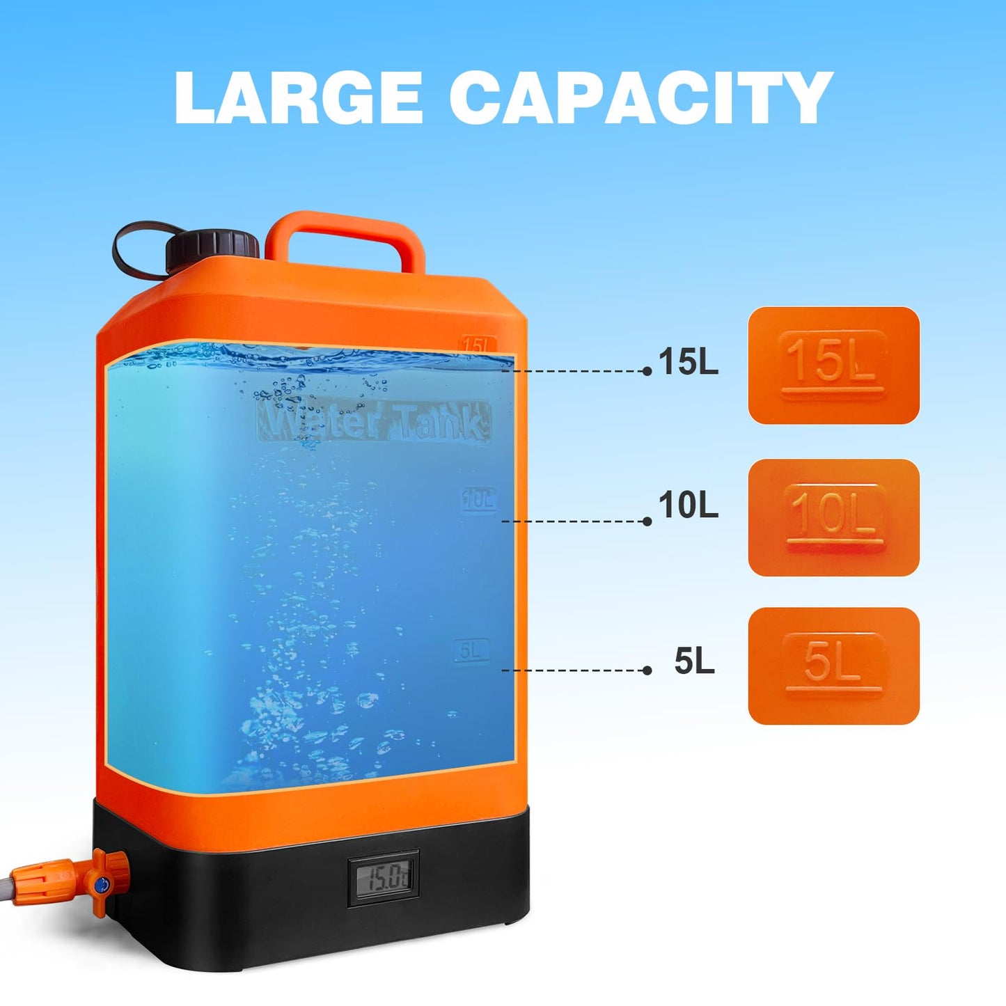 B. TAWD 4.5 Gallon Silicone Water Tank, Portable Camping Shower, USB Battery Charging, Solar Heating, with Shower Head, Electric Portable Outdoor Shower, Built-in Thermometer, Beach, Camping, Hiking