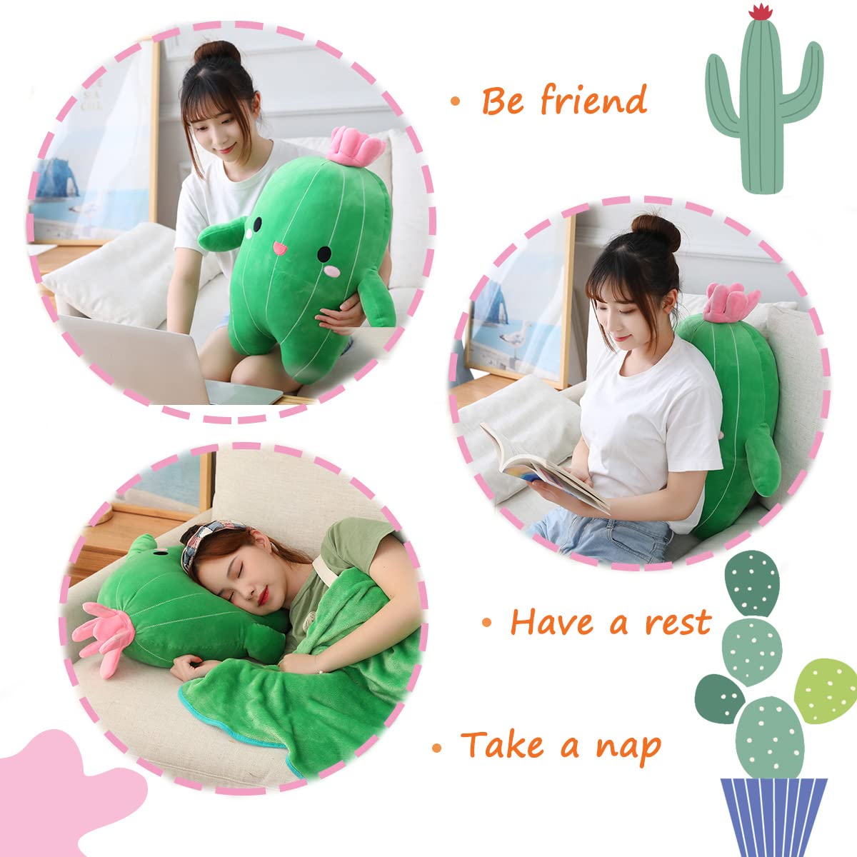 BABOLI Cuddly Cactus Stuffed Plant Pillow with Smile Face and Pink Antenna Honey Cacti Plush Soft Toy Pretty Sweet Mascot Gifts for Kids Girls and Boys Present for Birthday or Party 22.7 Inches
