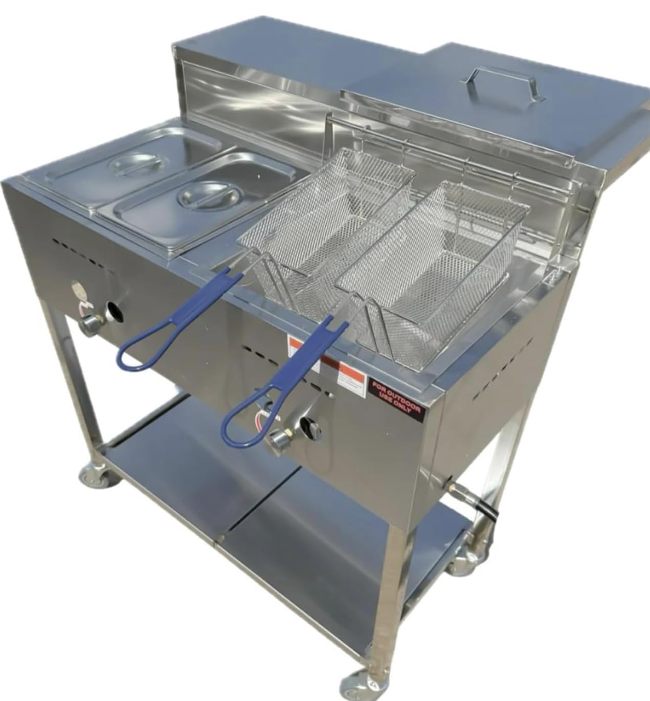 Deep Fryer Cart with 2 Baskets | 3 Gallon Single Tank | 2 Pan Steam Table | Portable 4 Wheel | Stainless Steel | Outdoor Propane Frying Cart for Chicken, Fish, & More | Commercial & Home