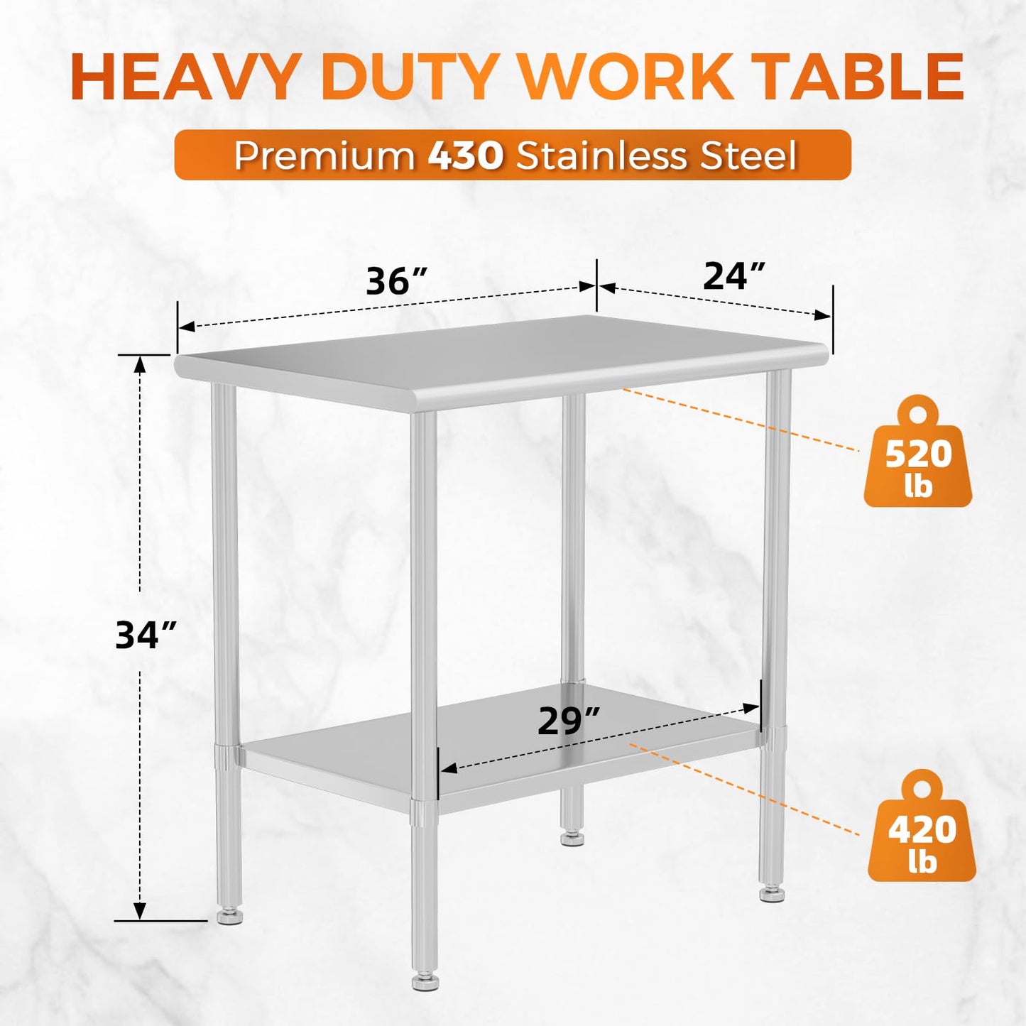 HOCCOT All Stainless Steel Work Table, Heavy Duty Prep Table 24x36 Inch with Stainless Steel Undershelf & Replaceable Feet(Without Casters) Commercial Workstation for Restaurant Kitchen Garage Outdoor