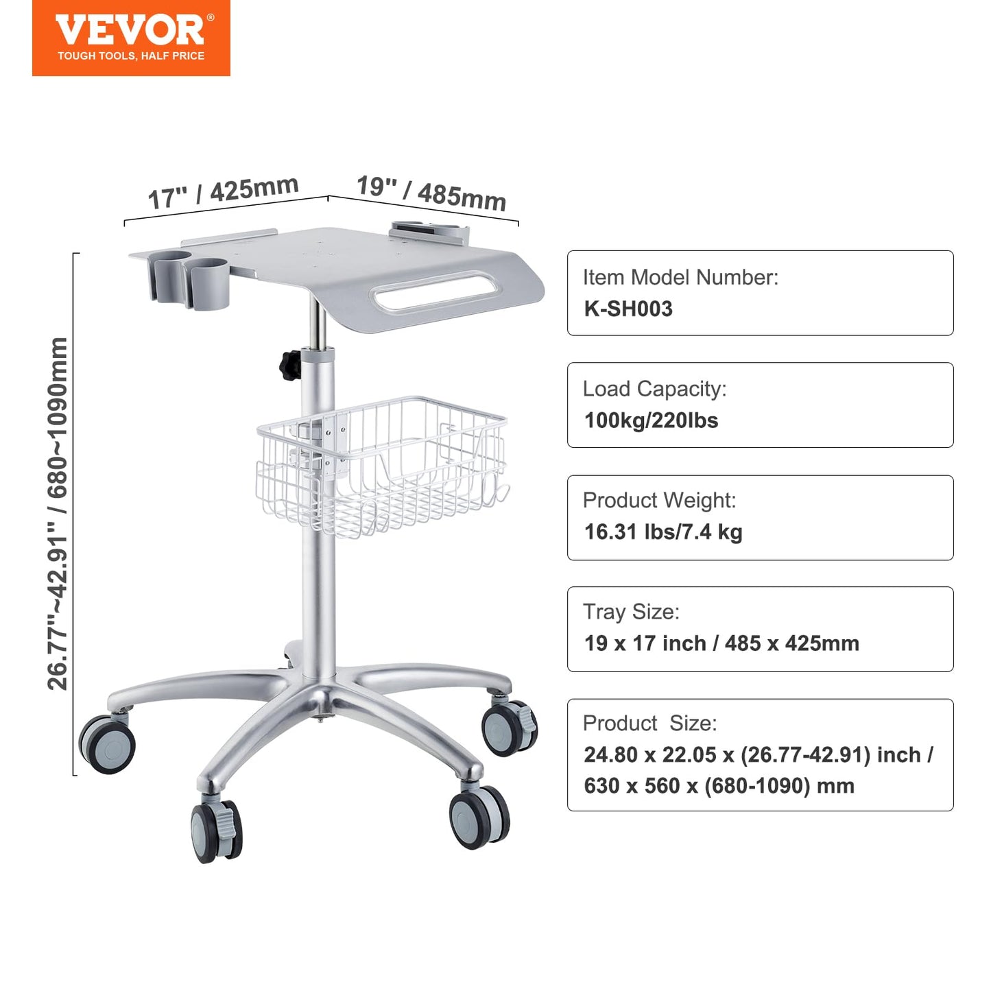 VEVOR Medical Mobile Trolley with Wheels 29.5"-41.3" Height Adjustable Stainless Steel Dental Cart Rolling Desktop Lab with 16.5" 15.7" Large Tabletop