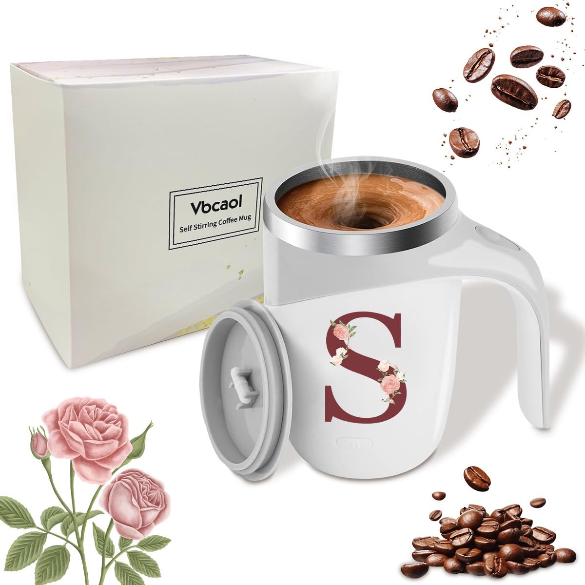 Self Stirring Coffee Mug, Personalized Initial Magnetic Stirring Mug, Stainless Steel Insulated Travel Cup Cool Women Birthday Christmas Unique Gift Husband Wife Mother Grandma Girlfriend Ideal