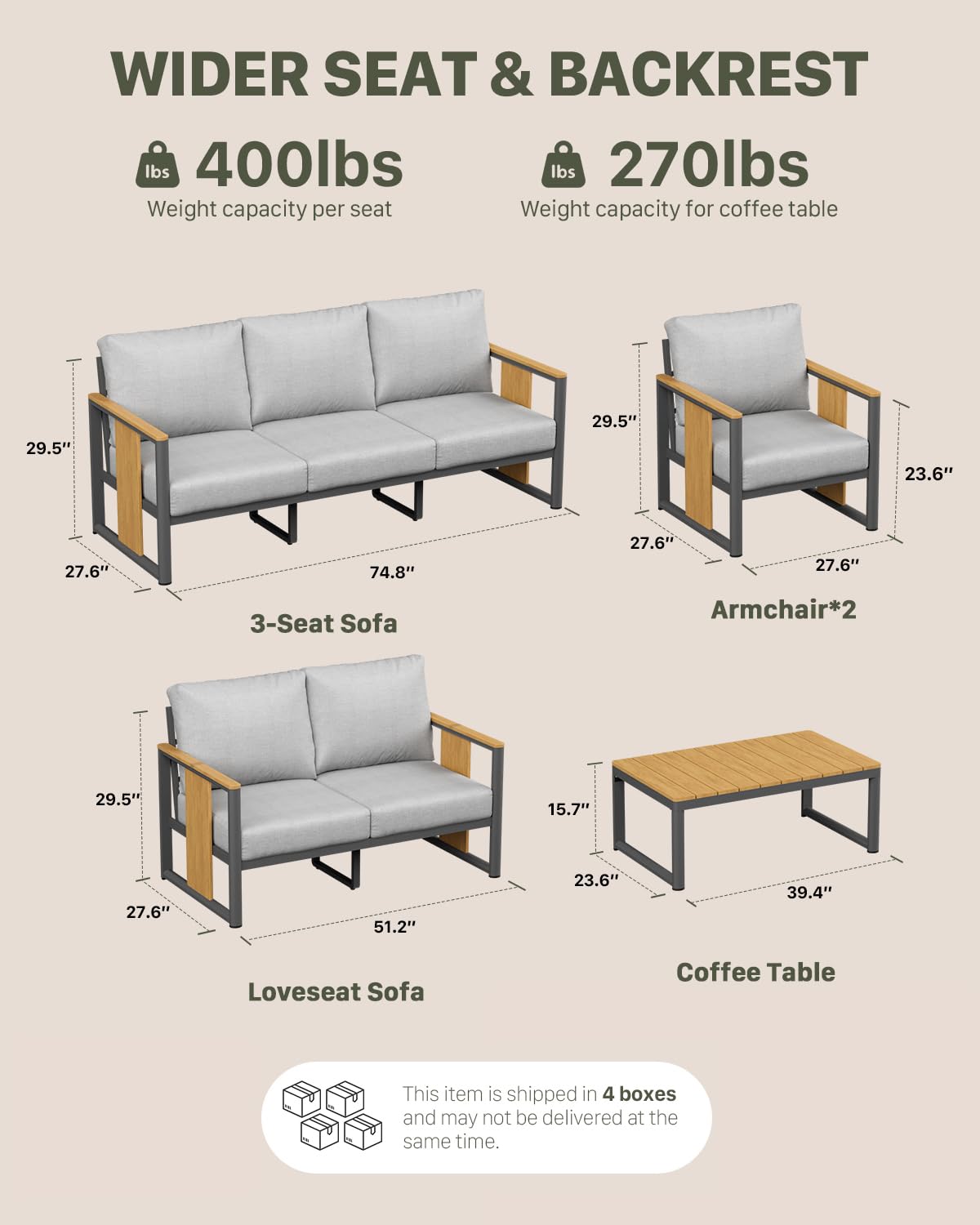 ZANDOR Aluminum Outdoor Patio Furniture Set – 2 Pcs Armchair with Washable Thick Cushions,All-Weather Modern Metal Furniture for Garden,Backyard,Porch,Grey