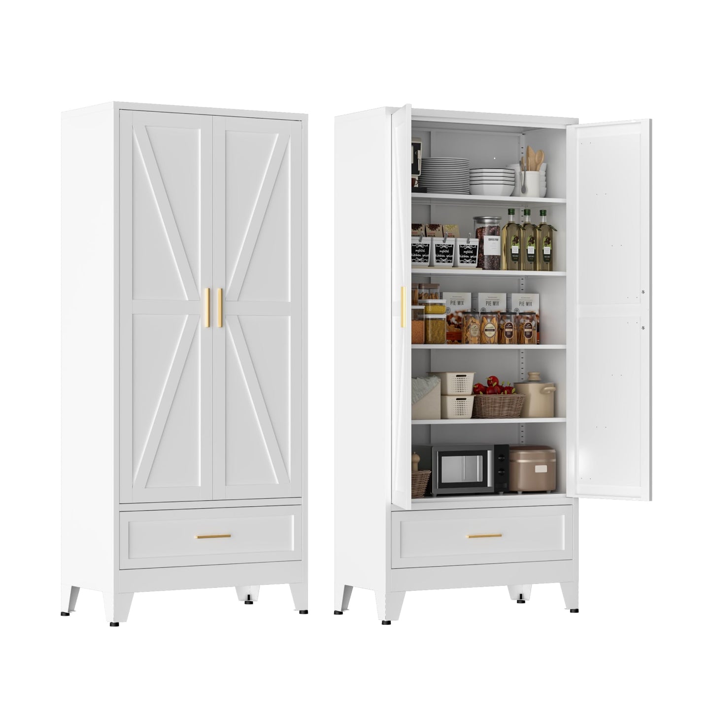 LCAOPC 71" Tall Metal Pantry Storage Cabinet with Drawer and Adjustable Shelves, Freestanding Kitchen Cupboard Storage Cabinet for Kitchen,Dining Room, Living Room, White