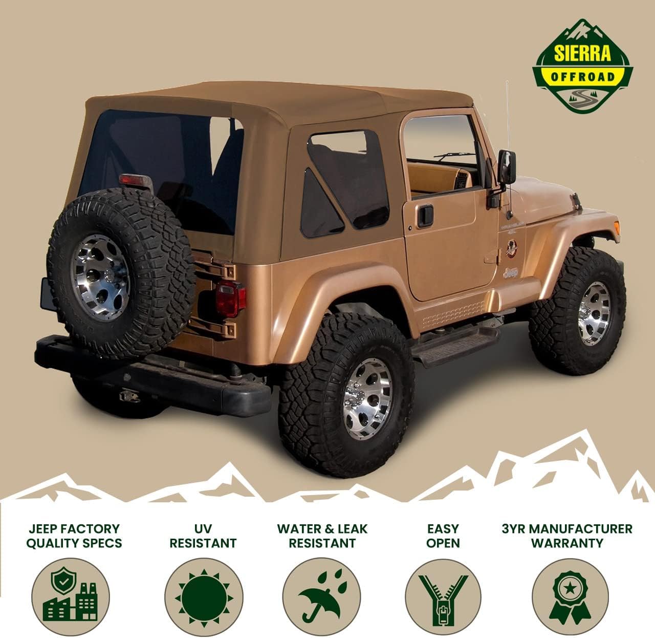 Sierra Offroad Soft Top for 1997 to 2006 Jeep Wrangler TJ - Spice, Sailcloth Vinyl - 2 Door Jeep Soft Top with Rear Plastic Tinted Windows - Factory Precision Fit Replacement - No Upper Door Skins