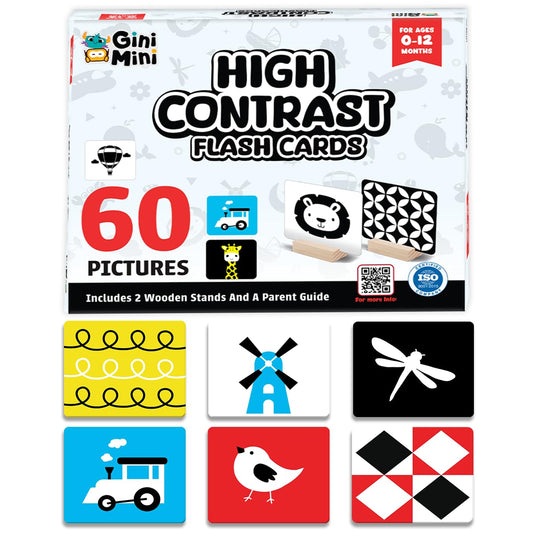 GiniMini High Contrast Flashcards for 0-12 Months - Black, White & Primary Colors for Visual Stimulation | 60 Large Pictures for Newborn Babies & Infants, Gifts, Travel Friendly