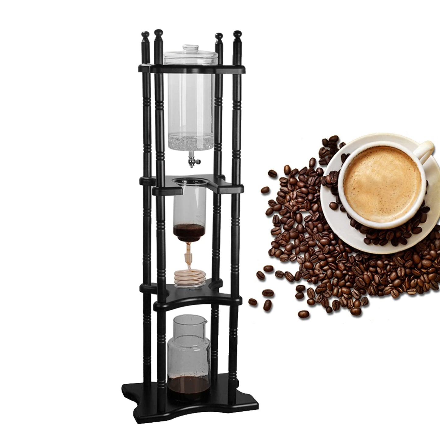 HinLIaDa Cold Drip Coffee Maker, 2.5L Large Capacity Cold Brew Coffee Tower, Slow Drip Japanese Cold Brew Maker, with Wood Straight Frame, for Home, Coffee Shop (Black)