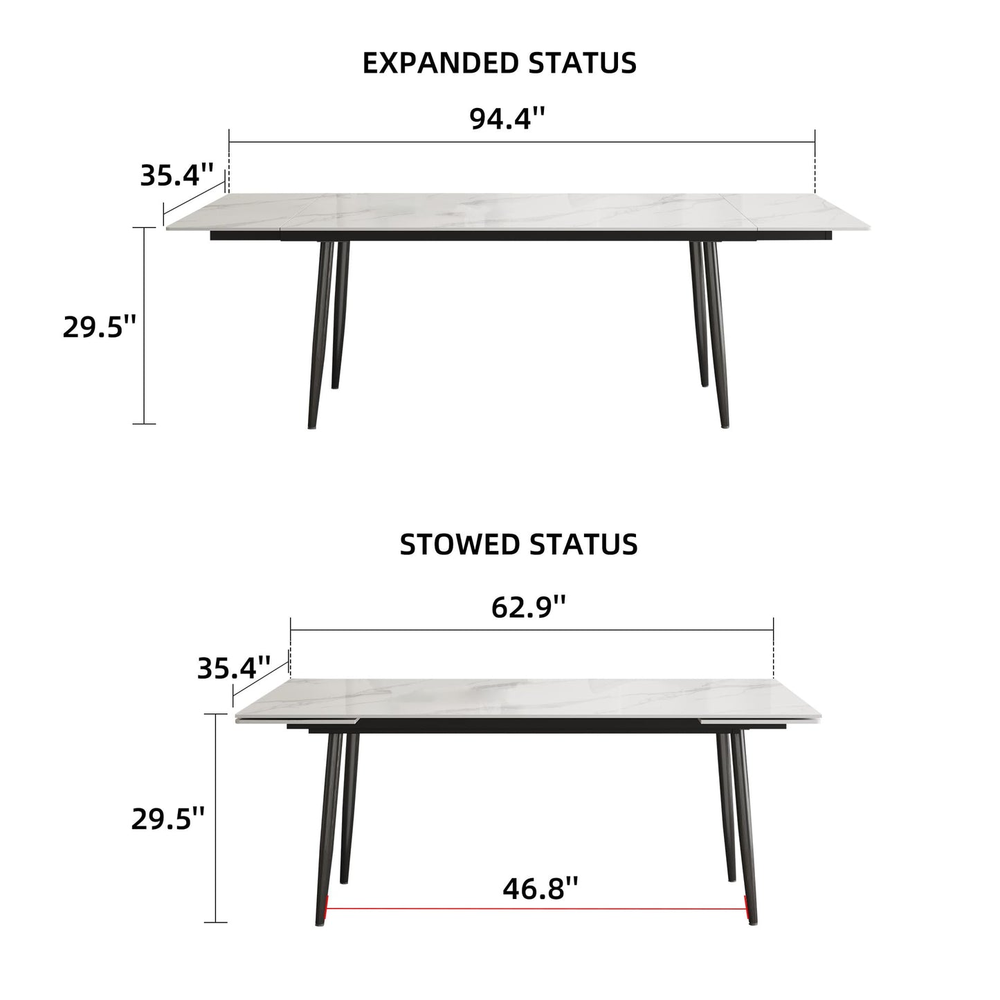 Extendable Dining Table (62.9" to 94.4") for 6 to 10 - Modern Rectangular Sintered Stone Table with High Hardness and Easy Maintenance - Stylish White