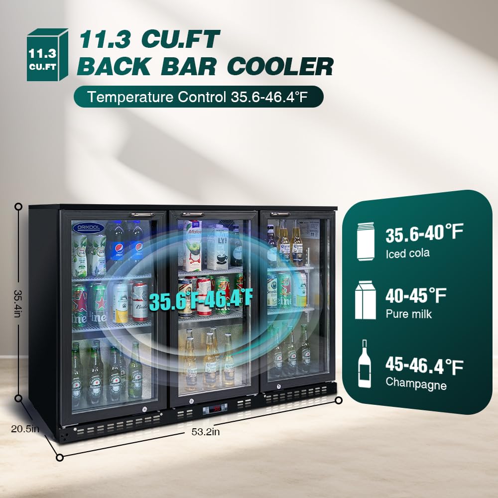 ORIKOOL Back Bar Cooler - 480 Can Capacity Beverage Refrigerators, 3 Hinged Glass Doors, LED Lighting, Adjustable Shelves, Safety Door Lock, Perfect for Bars, Restaurants & Home