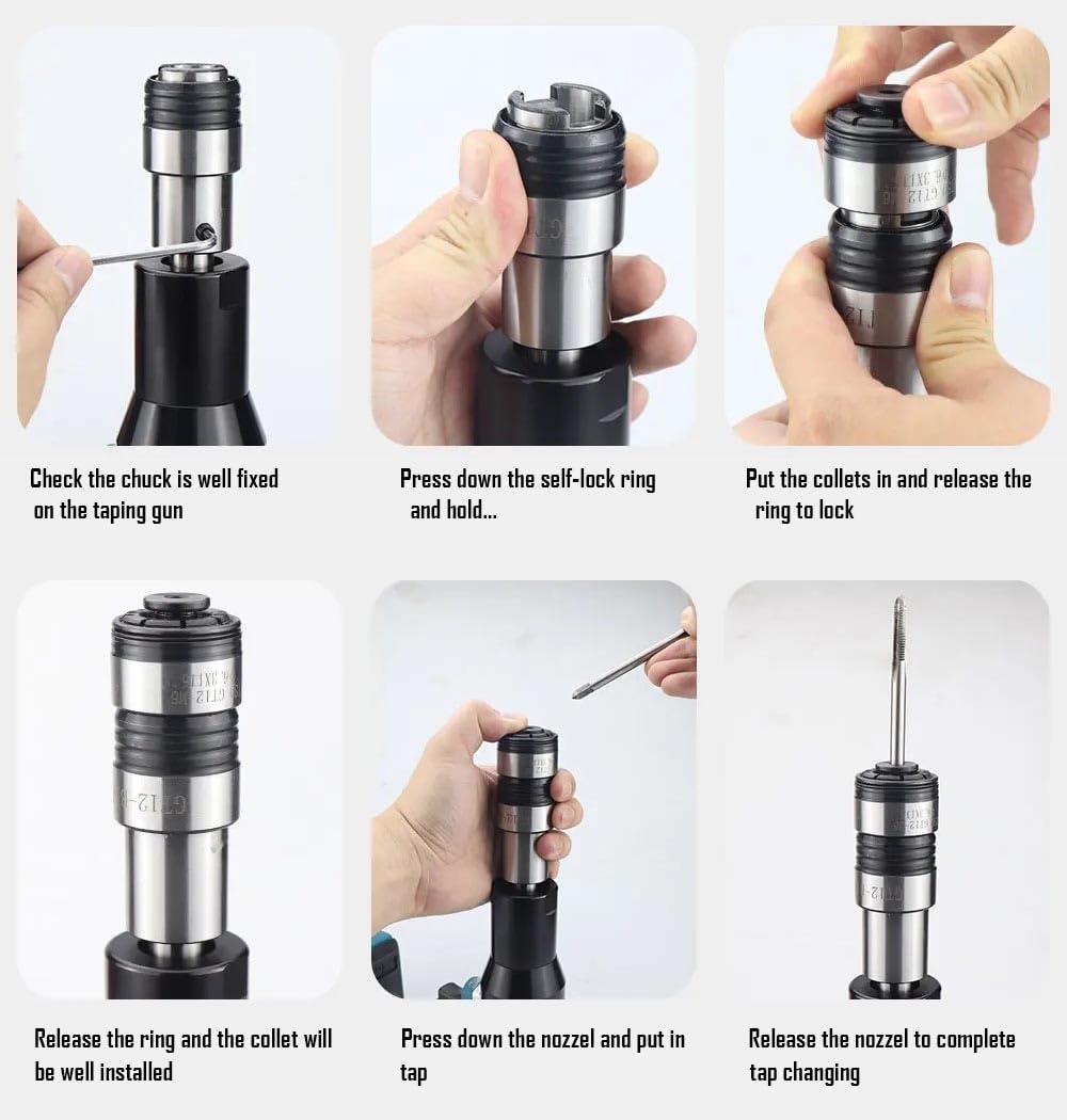Cordless Tapping Gun Battery Operated Threading Machine, Electric Tapper Handheld Drilling Threading Gun with ANSI Collets for M4-M12 Taps, Protective Chucks, Automatic, Portable with 5.0Ah Battery