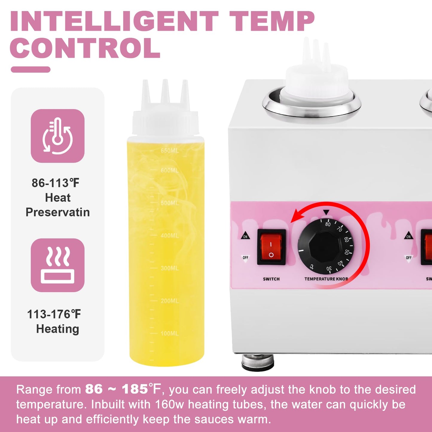 Saladulce Electric Sauce Warmer Hot Fudge Warmer Dispenser Nacho Cheese Warmer Jam Heat Preservation Machine with 22oz Bottles, 86~185℉ 110V