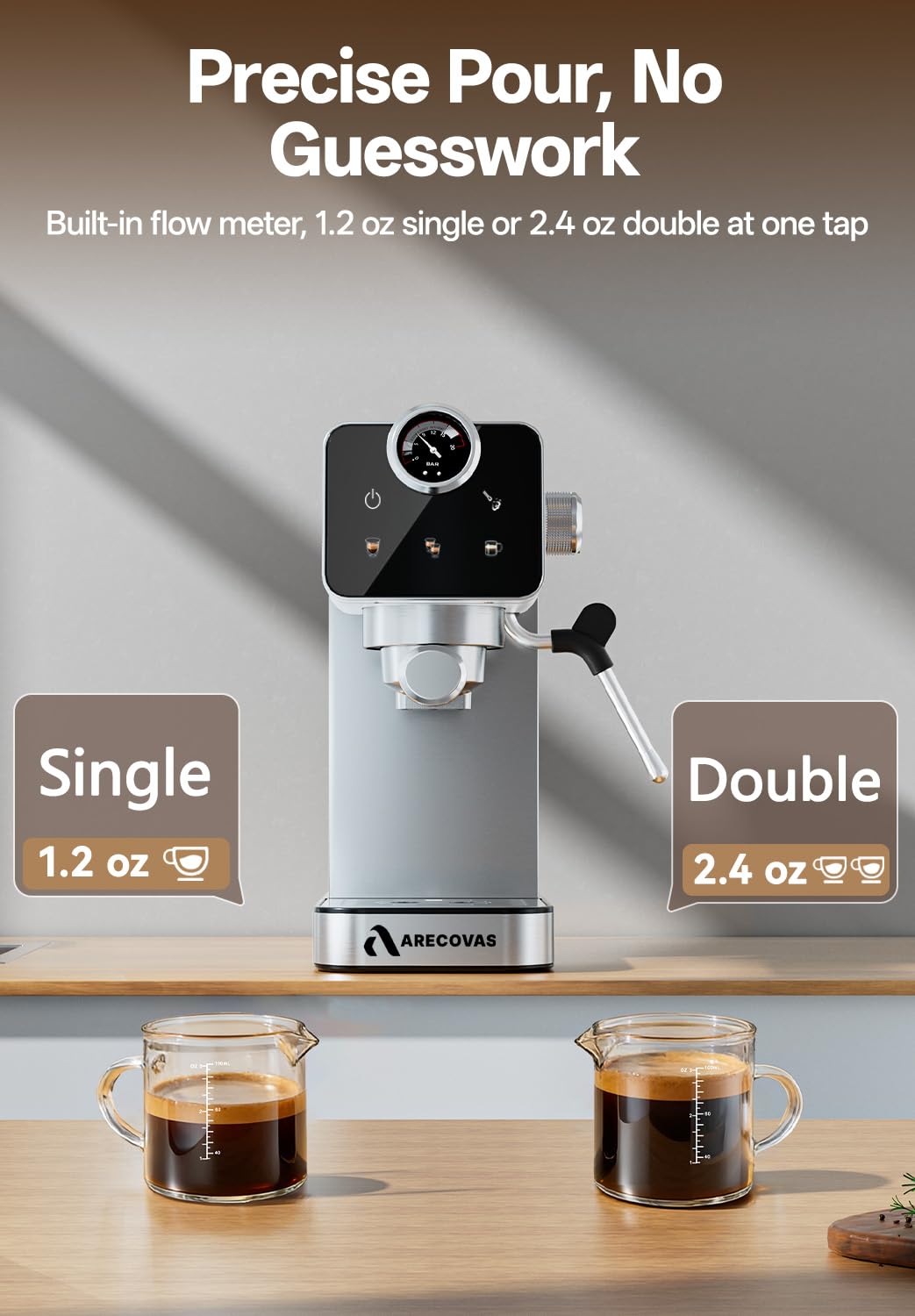 Arecovas Espresso Machine with Milk Frother, 20 Bar Compact Coffee Machine with Touch Screen & 41oz Water Tank for Home Use, Stainless Steel Espresso Coffee Maker for Americano, Cappuccino, Latte