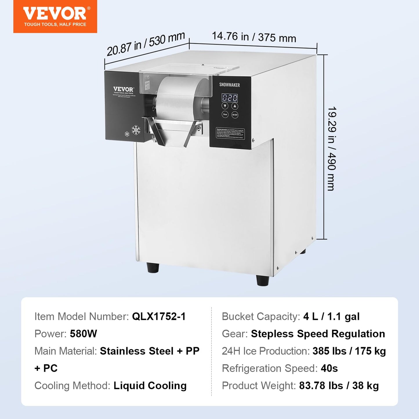 VEVOR Commercial Snowflake Ice Machine, 385LBS/24H Snowflake Ice Maker, Stainless Steel Ice Shaver Machine, Electric Snow Cone Maker, Liquid Cooling System for Rapid Heat Dissipation, Ice Cream