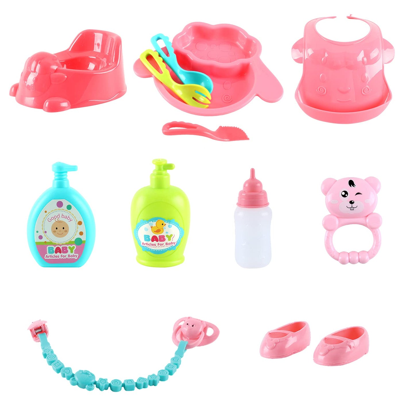 deAO Kids Baby Doll Stroller Nursery Role Play Set with a Variety of Feeding Toy and Play Mat Travel Cot Baby Carrier Stroller and Travel Bag