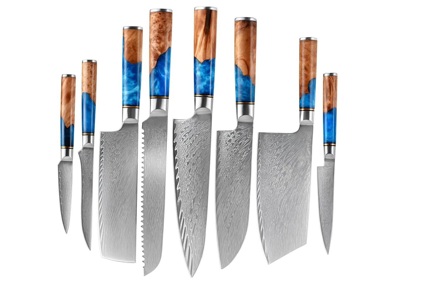 Epicurean Cook Damascus Kitchen Knife Set with VG10 Steel - 8-Piece Japanese Damascus Knife Set for Professional Performance - Ultra Sharp Chef Knives with Blue Resin Burl Wood Handles