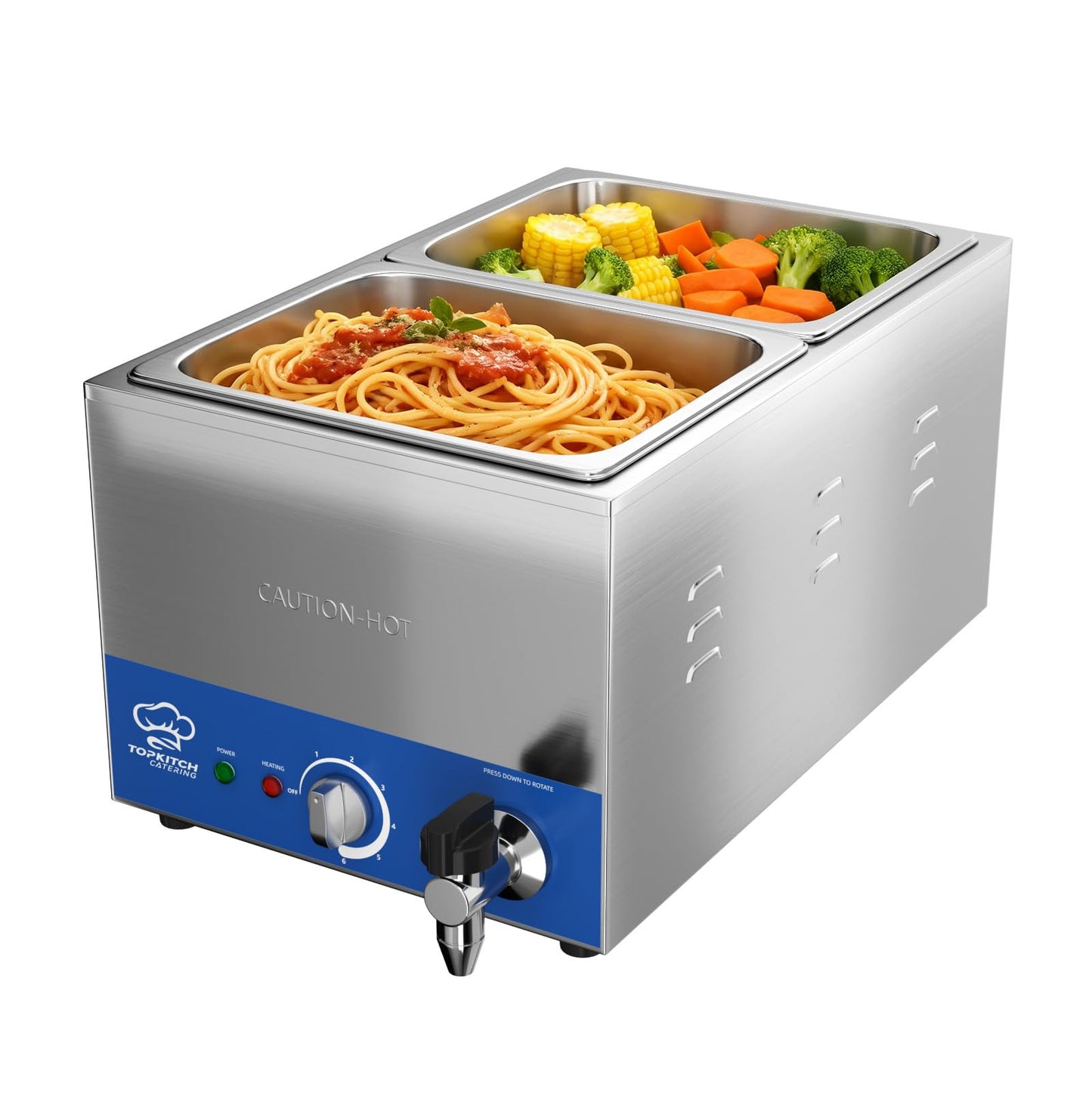 TOPKITCH 2-Pan Commercial Food Warmer with Non-Leakage Stretch-Forming Water Tank &2 of 1/2 Size GN Pan,Countertop Soup Station Bain Marie with Drain Tap for Buffet,Catering,Parties and Restaurants