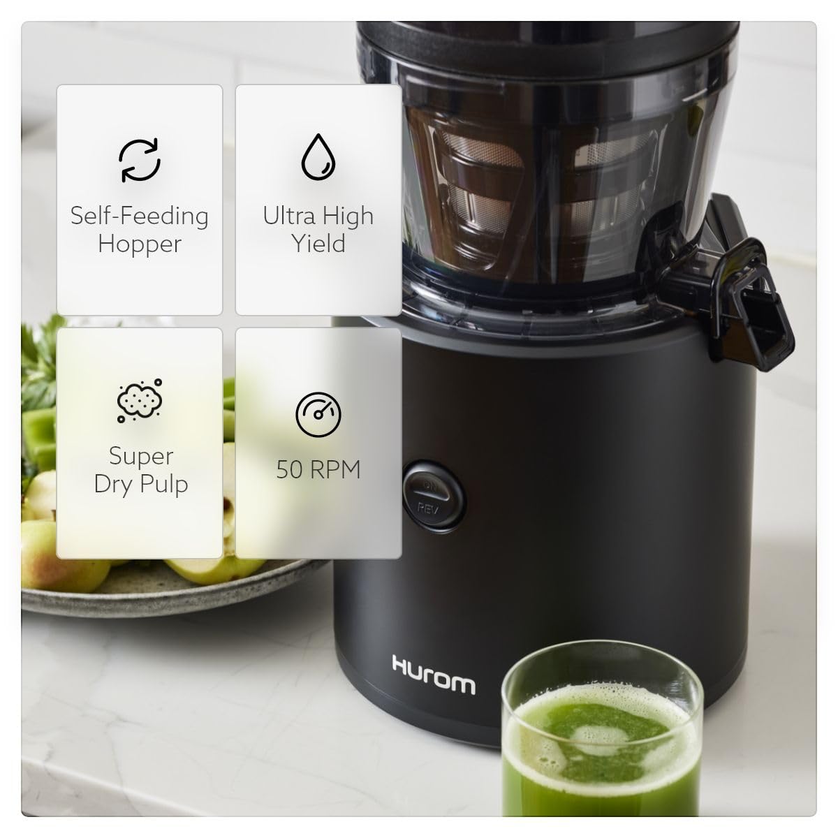 Hurom H320 Cold Press Juicer Machine, Easy to Clean Masticating Slow Juicer, Coarse Strainers, Self-Feeding, Hands Free, Family Size, Quiet Motor, Easy Assembly (Black)