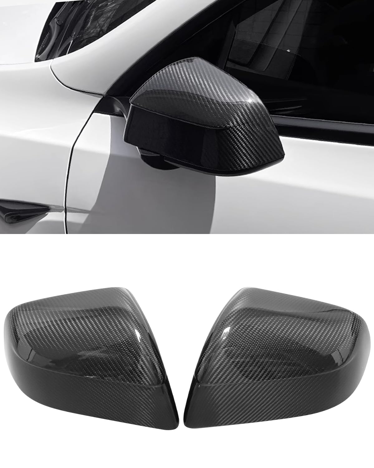 Carbon Fiber Mirror Cover Replacement Side View, 2PCS Glossy Real Carbon Fiber Rearview Mirror Protection Cover Compatible with Tesla (model y and juniper)