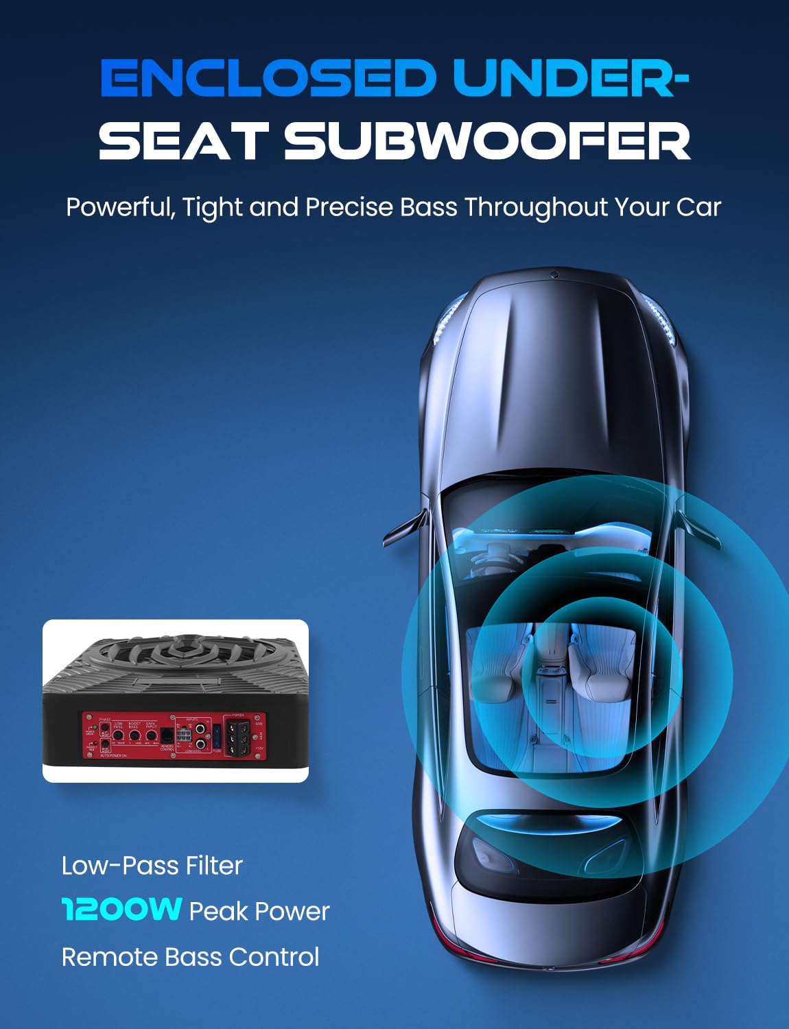 1200W Powered Under Seat Car Subwoofer with Built-in Amplifier, Slim Low Profile Subwoofer for Car Audio Upgrade, Adjustable Bass Control, Beat-Synced RGB Lighting