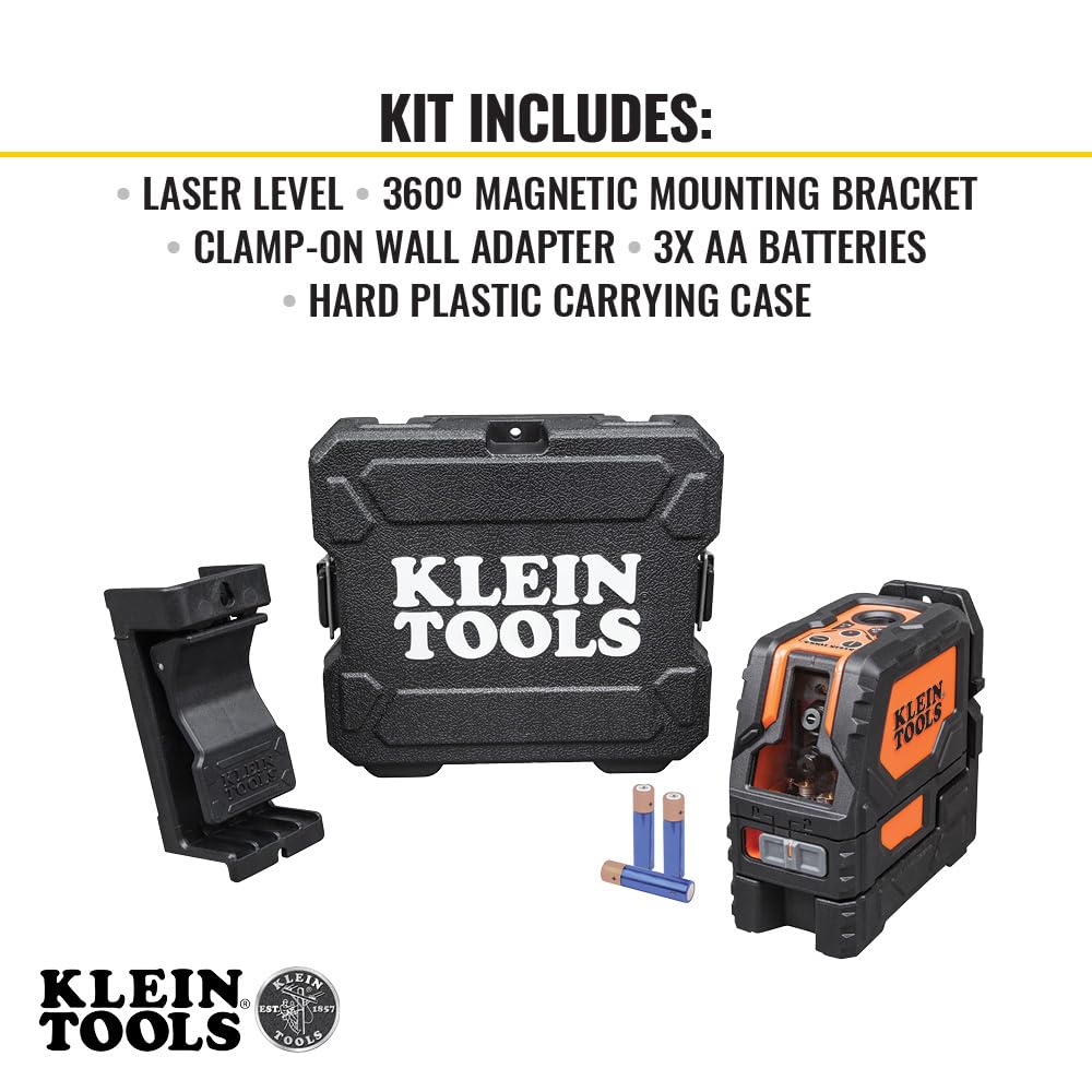 Klein Tools 93LCLS Self-Leveling Class II (≤ 1mW) Laser Level with Bright Red Cross Lines and Plumb Spot, Magnetic and Ceiling Clamp Mounting