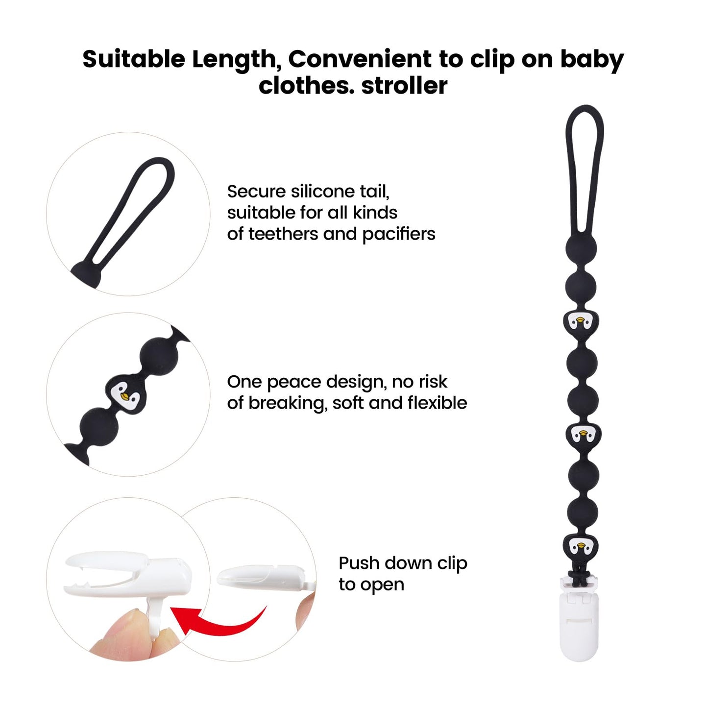 Cute Animal Baby Food Grade Silicone Teether Toy with One Piece Design Pacifier Clip Holder,Teething Pain Relief Toys Gift Set for 3 Months+ Boys and Girls,Freezer Safe,BPA Free (Penguin)