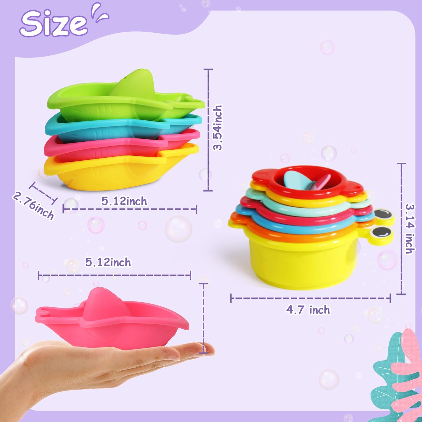 Zeewoo Baby Bath Toys for Kids Ages 1-3 Toddler Bath Toys Mold Free Bathtub Toys for 12+ Months Pool Water Table Beach Sand Toys Stacking Cups Floating Boats for 1+ Years Old Girls Boys Gifts 11 PCS