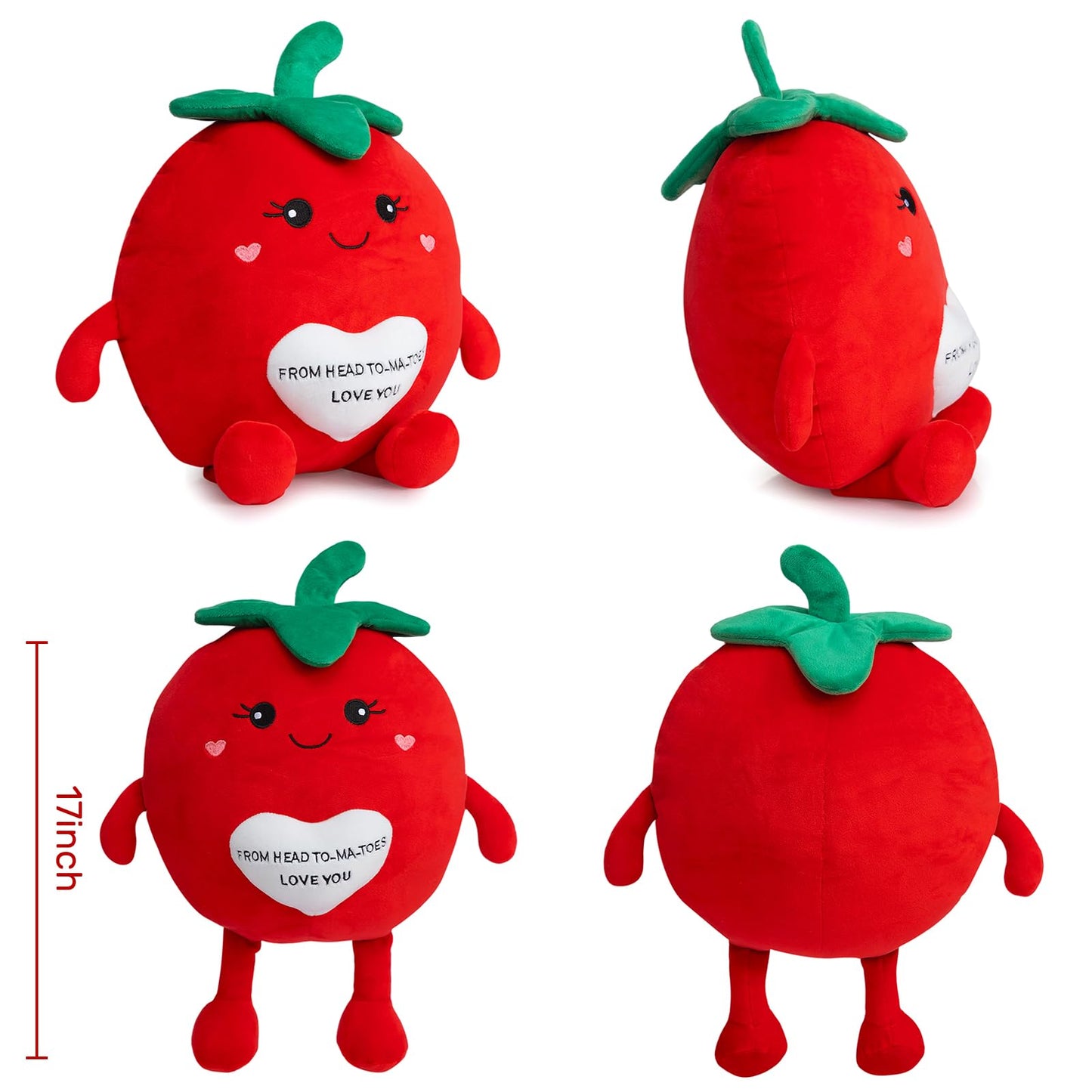 WENMOTDY Tomato Plush Toys 17 Inches Cute Fruit Stuffed Animal with Red Heart Soft Plush Tomato Pillow for Girlfriend Boyfriend Children Valentines Day Birthday