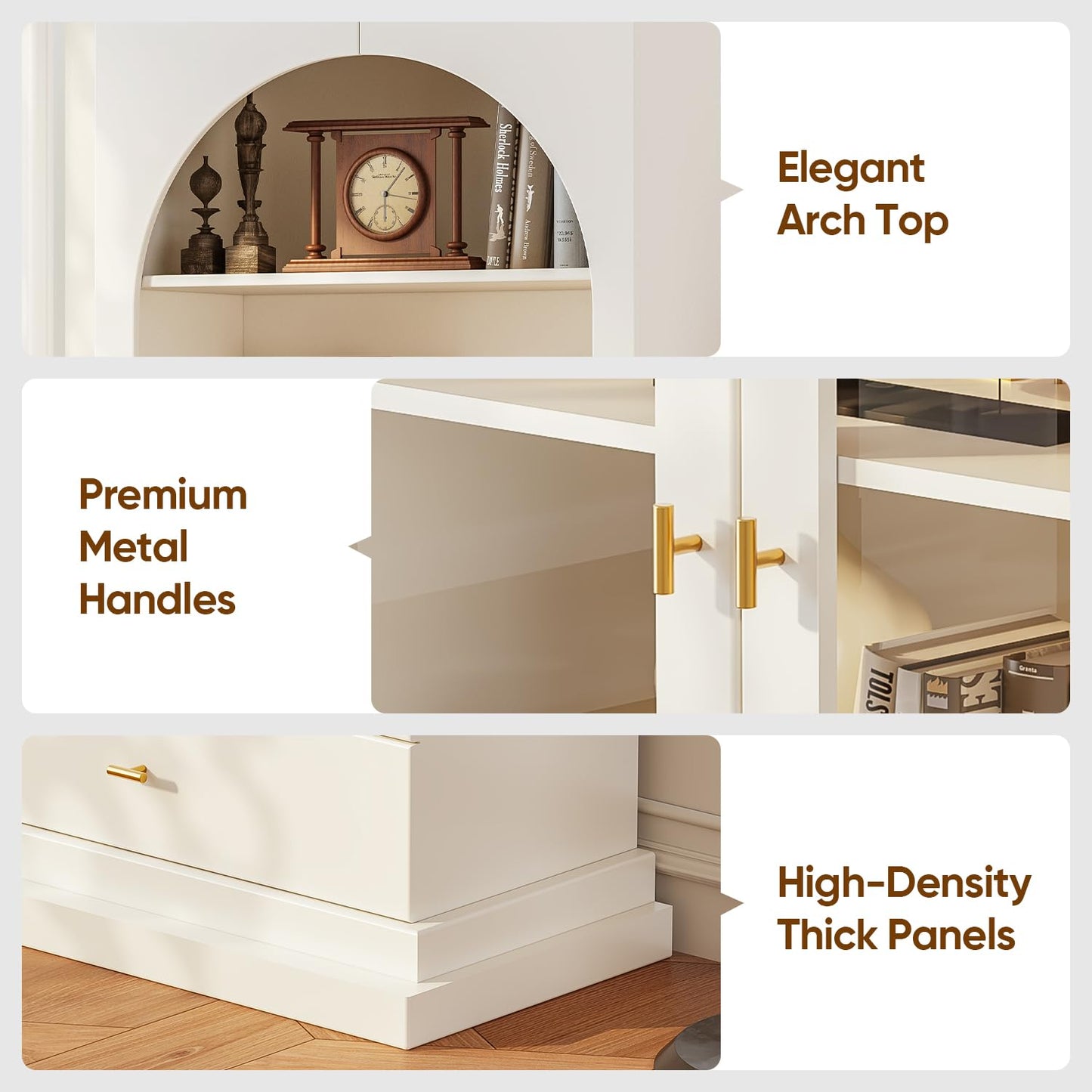 Myricore 71" Arched Kitchen Cabinet, Double Glass Door Display and Storage Cabinets with Drawers, Modern Pantry for Dining Room, Living Room, White with Gold Handles, 2 of Set