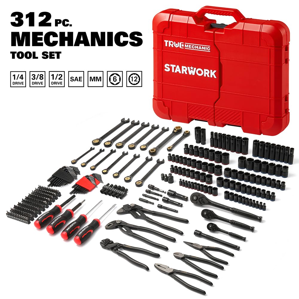 STARWORK TRUE MECHANIC 312-Piece Mechanics Tool Set and Socket Set, Professional【Pliers Wrench 】 SAE/Metric