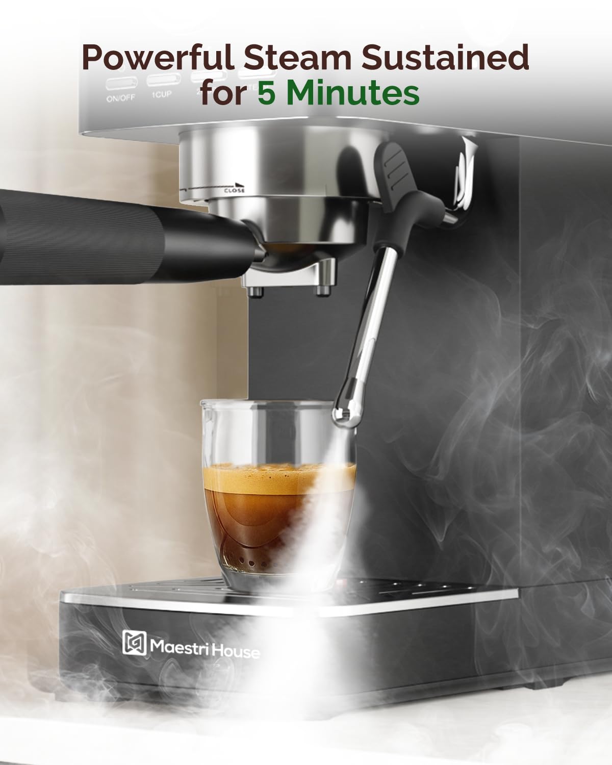 Maestri House Espresso Machine, 20 Bar ULKA Pump, Compact Espresso Maker Built-in Flow Meter Steam Milk Frother, Stainless Steel Coffee Machine for Cappuccino, Latte (Black)