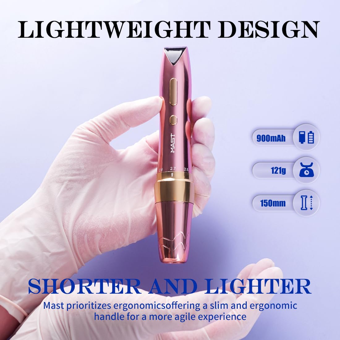 Mast P60 Tattoo Gun Wireless Tattoo Pen Machine, 5 Strokes Length 2.2mm - 3.2mm, 121g/4.2oz Lightweight, Gold Color for Pro Artists
